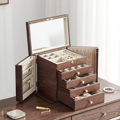 Homruilink Black Walnut Wooden Jewelry Box, Wood Jewelry Organizer with 2 Side Doors Mirror Lockable Classical Style for Watch Necklace Ring Earring Storage Valentines Day Gifts for Her-5 Layer