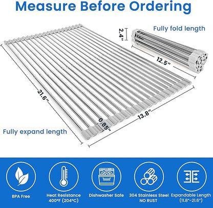 Roll Up Dish Drying Rack, Adjustable Over Sink Dish Drying Rack for Kitchen, 10"-20" Foldable Sink Rack to Dry Dishes & Drain Items, Stainless Steel Over Sink Cover Drying Mat