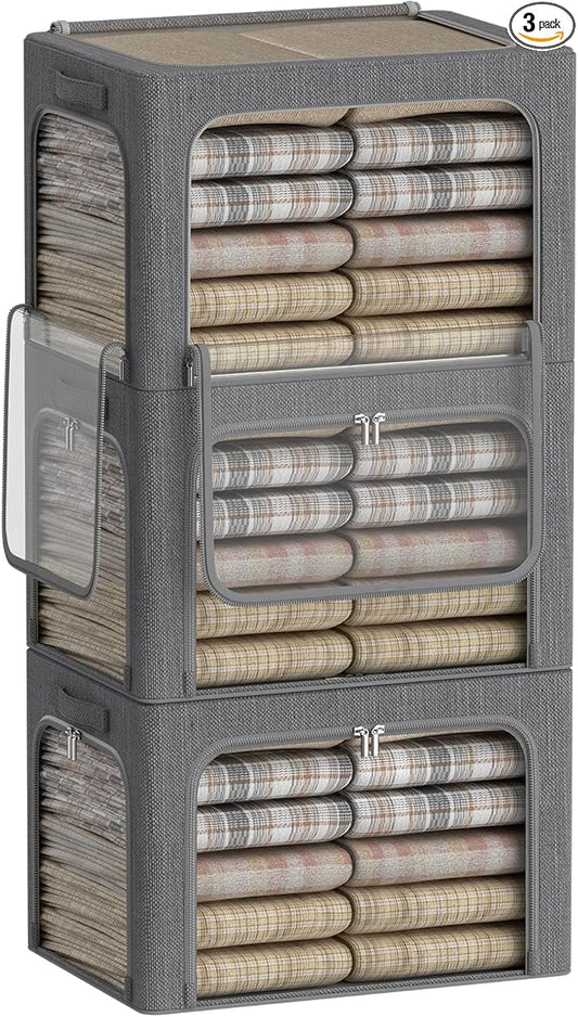 3 Openings Clothes Storage Bins Box - 3Pack Stackable Foldable Storage Bin - Metal Frame Storage Box Clothing Storage Organizer with Clear Window, Carry Handles (Drak Grey, 100L-23.6x16.5x15.7in)