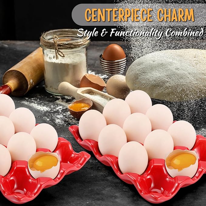 Flexzion 12 Cups Ceramic Egg Holder for Fridge - Dozen Ceramic Egg Tray Porcelain Container Storage Organizer Decorative Serving Stand Serveware for Refrigerator Countertop Display (Red, 2 Pack)