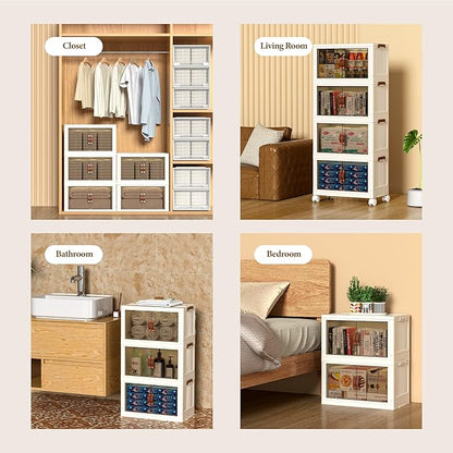 131 Gal Large Plastic Storage Bins with Door, Collapsible Stackable Storage Container Wheel, Foldable Storage Cabinet Toys, Folding Organizer Lid & Drawer for Clothes, Home, Room, White, 4 Tiers