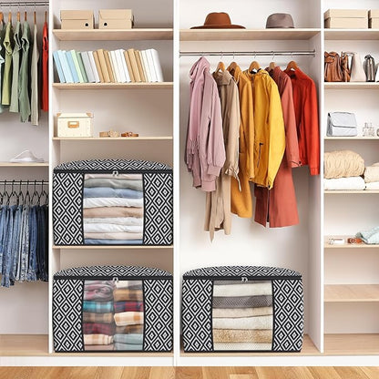 StorageTastic Direct 100L, 4 Pack, Storage Containers, Large Clothes Storage Bins Foldable Organization and Storage Bags with Reinforced Handle, Clear Window for Bedding, Blankets, Clothing, Black