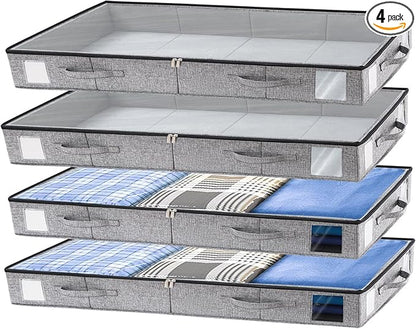 combocube 4 Pack Under Bed Storage Containers, 4.5" Low Profile Underbed Storage Bins with Sturdy Support, Stackable Space Saving Organizer with 4 Handles & Label Windows for Shoes Clothes Blankets