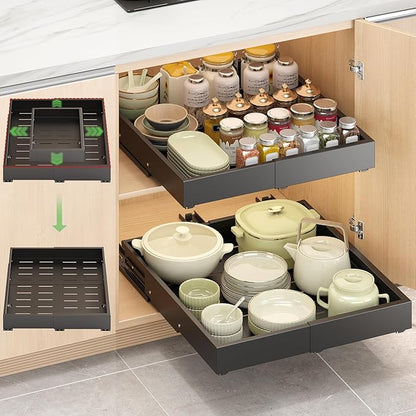1 Pcs Pull Out Drawers for Cabinets Organizer Expandable Width(11.8"-19.4"), Depth(16.45"-21.7") With 3 Rails, No Drill Roll Out Drawer, Adhesive Sliding Drawers (Black)