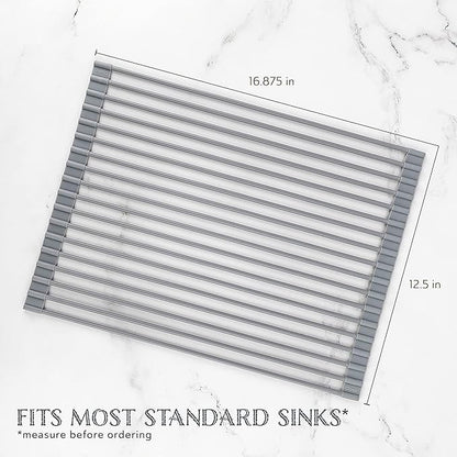 Oizeir Roll Up Dish Drying Rack - Silicone Coated Stainless Steel, Over The Sink, Foldable, Heat-Resistant, Anti-Slip, Dish Drainer. (17" x 12.5")