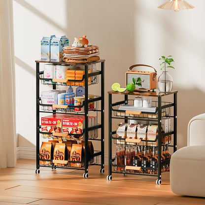 Fruit Vegetable Basket for Kitchen,4 Tier Pantry Organizer with Wheels,Snack cart with Wood Top,Metal Wire Storage Basket Organizer Baskets for Kitchen, Pantry, Bathroom