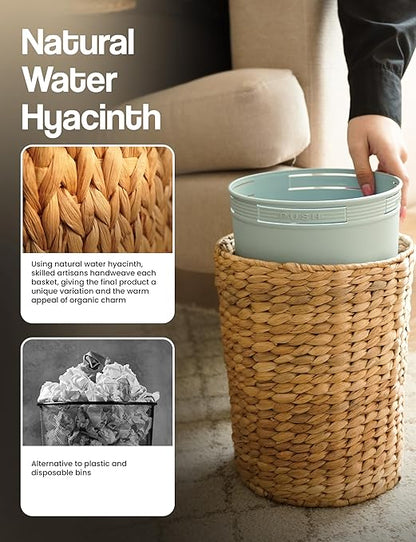 Set of 2 Wicker Trash Can with Lid - Water Hyacinth Wicker Waste Basket for Bathroom - Bathroom Garbage Can with a Lid - 2 Gallon & 4 Gallon Decorative Rattan Trash Can with Removable Liner