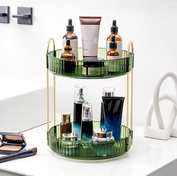 Weidace 360 Rotating Makeup Organizer for Vanity, Bathroom Countertop Spinning Perfume Organizer, High-Capacity Cosmetic and Skincare Dresser Make Up Holder Rack (2 Tiers, Green)