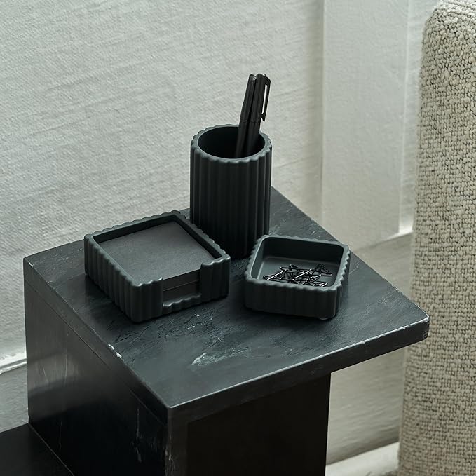 KIBAGA Modern Aesthetic Desk Accessories Set of 3 - Stylish Concrete Organizers for Pens & Office Supplies - A Cute and Functional Addition to Your Workspace Decor
