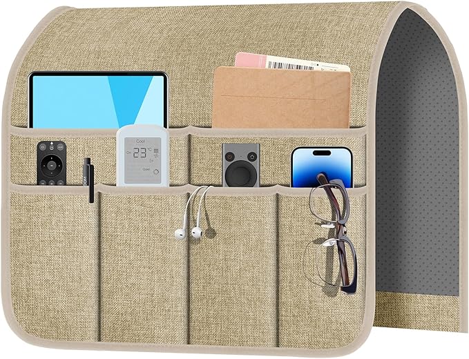 Meeall Armchair Caddy & Remote Control Holder for Couch & Recliner | Non-Slip Armrest Organizer with 6 Pockets for TV Remote, Phone, Tablet, Magazine & More, 19 x 35 Inches, Beige