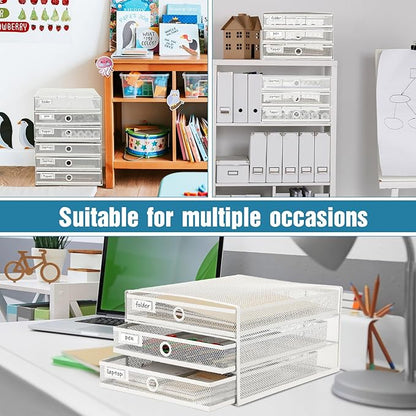 Zhanmai 2 Pack White Desk Organizer with Drawer Total Wire Mesh Storage Tray Multifunctional Paper Sorter File Stand for Home Office Supplies Letter A4 Paper Office Accessories Back to School (3 Tier)