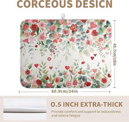 Wnoesat Valentine Dish Drying Mat for Kitchen Counter 18x24 Inch Valentines Love Heart Rose Eucalyptus Leaf Dishes Drying Pad Microfiber Absorbent Dish Draining Mat Washable Dish Drainer Mats