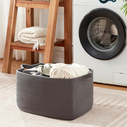 Large Toy Basket, Rectangle Woven Rope Storage Basket for Blankets, Dirty Clothes, Shoes, Nursery Organizer Bins (Dark Grey)