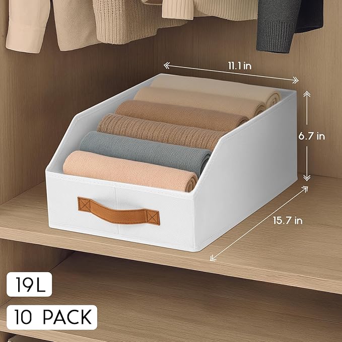 Fabric Storage Bins for Organizing - 10 Pack Large Trapezoid Collapsible Storage Bins with Front Handle, Closet Organizers and Storage for Bedroom, Home Shelves, Small Spaces, White
