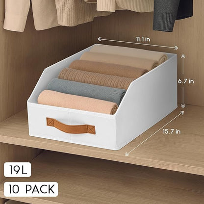 Fabric Storage Bins for Organizing - 10 Pack Large Trapezoid Collapsible Storage Bins with Front Handle, Closet Organizers and Storage for Bedroom, Home Shelves, Small Spaces, White