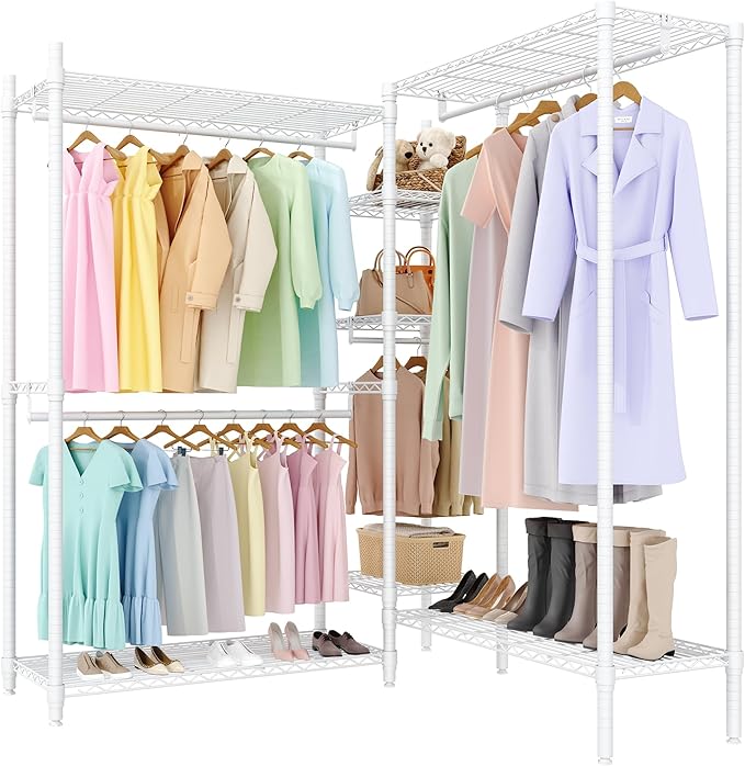 Portable Clothes Rack Heavy Duty Garment Rack, L-Shaped Closet Wardrobe with Adjustable Shelves, Freestanding Closet Organizer and Storage for Corner Apartment Bedroom, 70.5"H x 85.4"L x 17.4"W