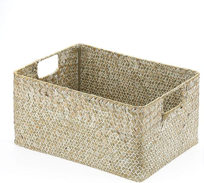 Hipiwe Seagrass Storage Basket Bin Rectangular Handwoven Wicker Storage Box with Handle Opened Baskets for Shelf Organizing Closet Bathroom, 13.3 x 9.8 x 6.7 Inch