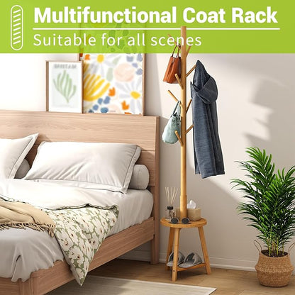 BMOSU Coat Rack freestanding Stand with 2 Shelves Bamboo Wooden Coat Tree Easy Assembly 8 Hooks Standing Jackets Hanger Hallway Office Floor Coat Stand Nature