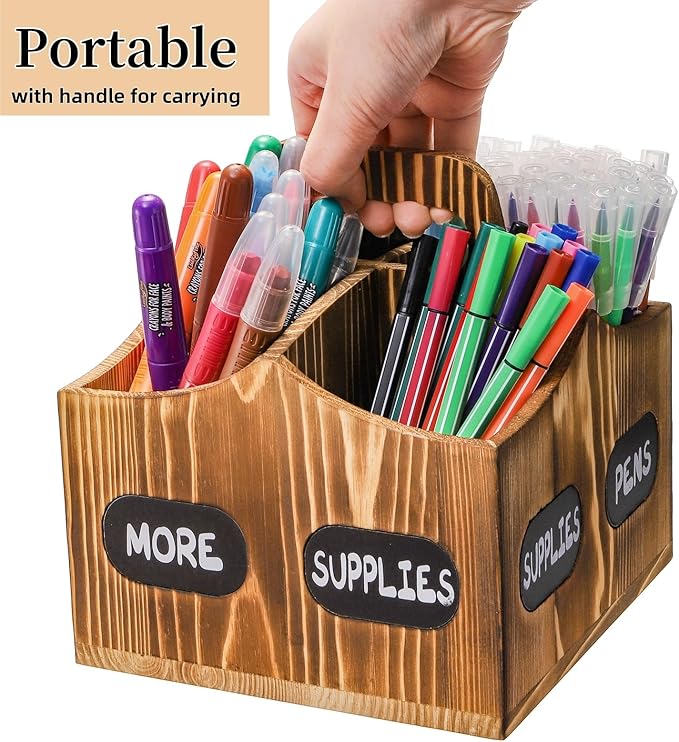 360° Rotating Art Supply Organizer, Wood Pen Pencil Holder with Handle, 4 Slots Lazy Susan Desktop Storage Caddy for Paint Brushes, Crayons, Art Studio, School, Office Supplies
