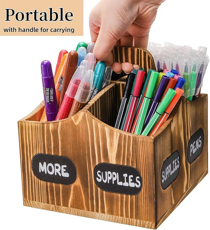 360° Rotating Art Supply Organizer, Wood Pen Pencil Holder with Handle, 4 Slots Lazy Susan Desktop Storage Caddy for Paint Brushes, Crayons, Art Studio, School, Office Supplies