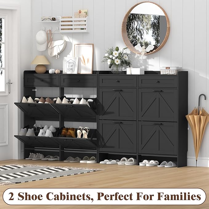 Shoe Cabinet with 4 Flip Drawers & 2 Storage Drawers, Rustic Farmhouse Narrow Shoe Organizer Cabinet, Slim Shoe Rack Cabinet, Shoe Storage Cabinet for Entryway, Hallway, Front Door
