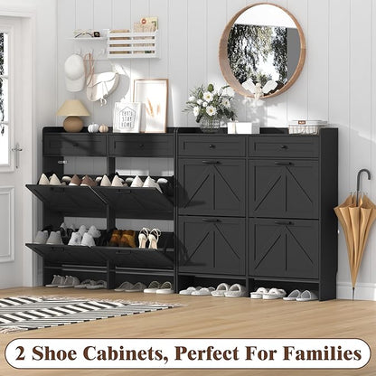 Shoe Cabinet with 4 Flip Drawers & 2 Storage Drawers, Rustic Farmhouse Narrow Shoe Organizer Cabinet, Slim Shoe Rack Cabinet, Shoe Storage Cabinet for Entryway, Hallway, Front Door