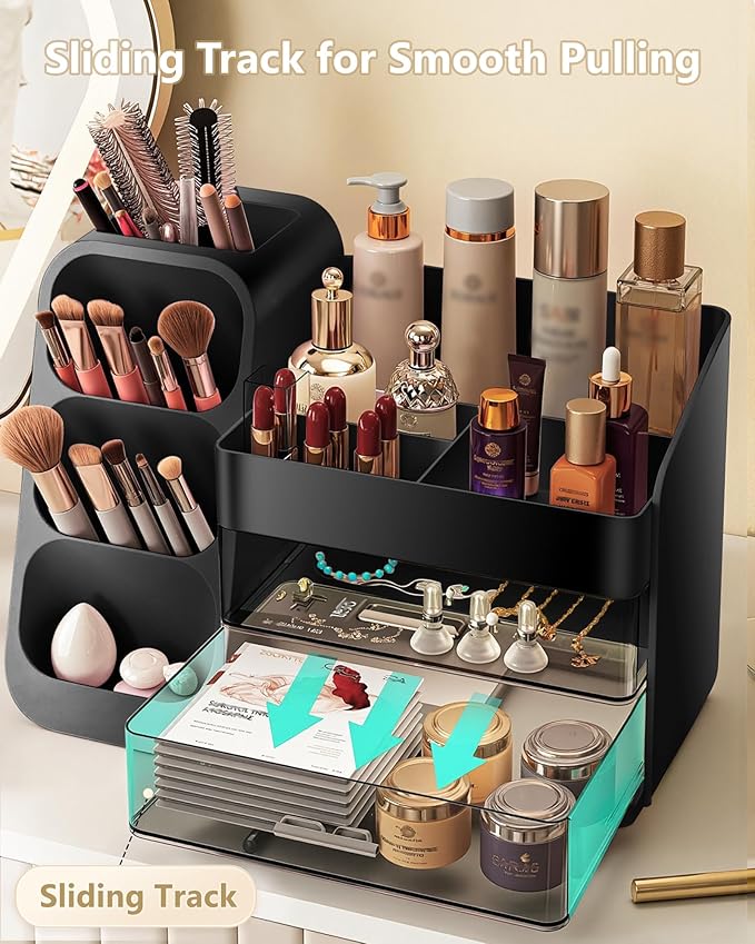 Anylady Makeup Organizer with Drawers, Skincare Organizer (Large Size Thick), Storage Box Cosmetic Display Cases, Make up Organizers for Vanity, Dresser, Desk, Kitchen, Countertop (black)