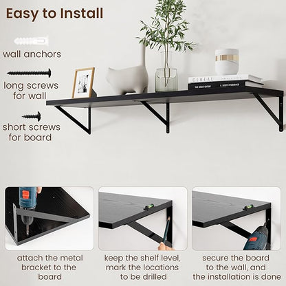 Axeman Floating Shelves for Wall Black- 48 Inch Wide x 12 Inch Deep Wall Shelves Set of 2 - Black Deep Wood Floating Shelves for Living Room Bedroom Laundry Room