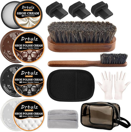 15Pcs Shoe Care Kit with Men & Women, Shoe Polish Brush Black Brown Neutral Oil Gentle Care for Shoes, Leather Boots Care, Shoe Cleaning Kit for Shine