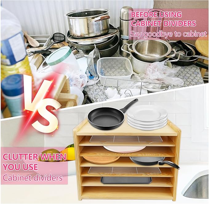 Wooden Tray Dividers for Kitchen Cabinet, 7 Tier Large Size Tray Dividers, 19.69" W x15.74" H x15.19" D, for Cookie Sheets, Baking trays, Cutting Board, Pans, for Organizing Cabinets, 5 Years Warranty
