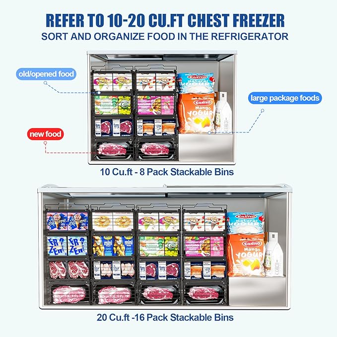 2Pcs Freezer Organizer Bins,11 to 17 inchs Large Scalable Stackable Freezer Storage Containers,Deep Freezer Organizer Bins Effectively Classify Food,Foldable Side Handles for Extra Storage Space