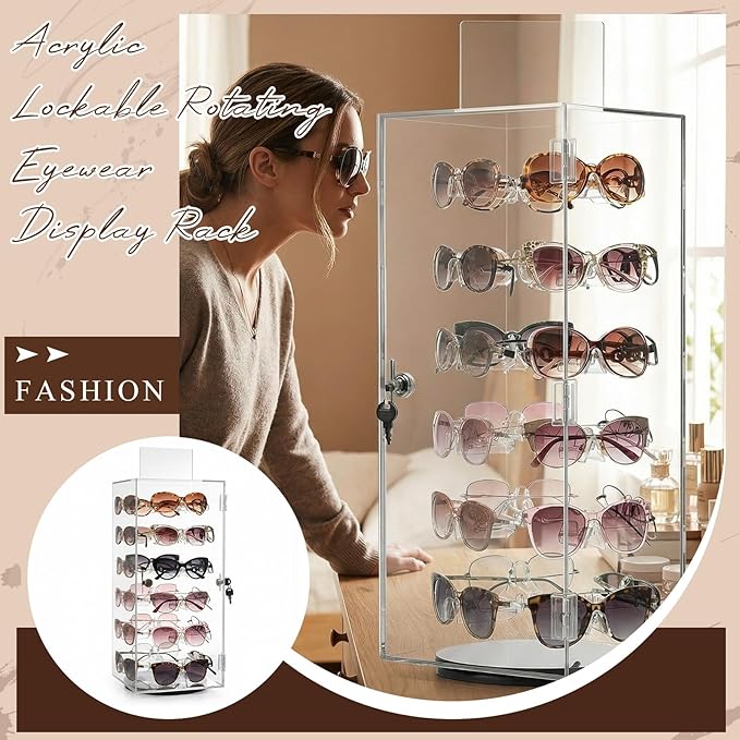 Colingmill Acrylic Lockable Rotating Sunglasses Display Case Acrylic Sunglasses Display Stand Eyewear Organizer Case with Sign Holder, Holds up to 24 Pairs of Glasses