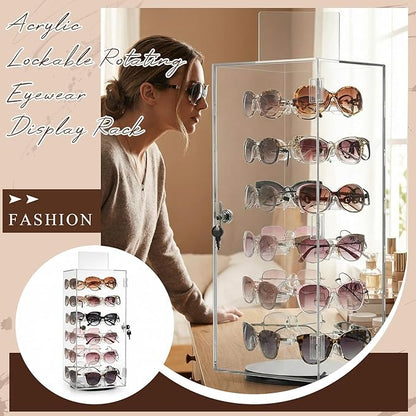 Colingmill Acrylic Lockable Rotating Sunglasses Display Case Acrylic Sunglasses Display Stand Eyewear Organizer Case with Sign Holder, Holds up to 24 Pairs of Glasses