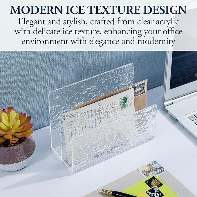 MyGift 2 Slot Modern Ripple Texture Premium Clear Acrylic Desktop Mail Holder Letter Sorter, Transparent Office Desk Paper File Divider Vertical Storage Rack