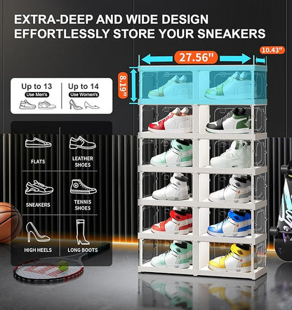 CIMLORD 6-Tier 12-Pairs Foldable Shoe Rack with Magnetic Doors,4-Sided Clear Design,Taller Storage for High Shoes & Sneakers,Stackable Shoe Storage Cabinet Space-Saving Organizer for Closet,Cloakroom