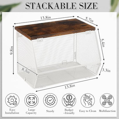 2 Pcs Stackable Mesh Fruit Basket with Lid Wall Produce Vegetable Storage Basket Onion Potato Snack Hanging Metal Wire Container for Kitchen Counter Pantry(Non-removable,White,8.3"w & 13.8"l)