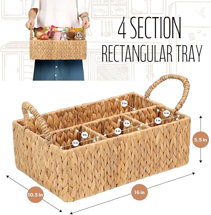 Divided Water Hyacinth Baskets with Handles, Storage Basket Woven Natural for Organizing Bathroom Kitchen Shelves Office Supplies Organization, Wicker Storage Baskets 4 Section Rectangular Tray