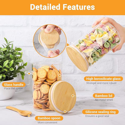 Glass Containers with Bamboo Lids and Spoon - 4 Pack 32 Fl.oz Round Glass Storage Jars Set, Includes Labels and Marker, Kitchen Pantry Container for Loose Leaf Tea, Sugar, Coffee, Cookie, Oats
