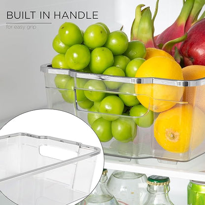 SIMPLEMADE Clear Refrigerator Organizer Bins - Clear Bins for Fridge, Containers for Fridge and Freezer, Multipurpose Storage for Kitchen, Office, Bathroom, Silver Rim (8.5" x 14.6")