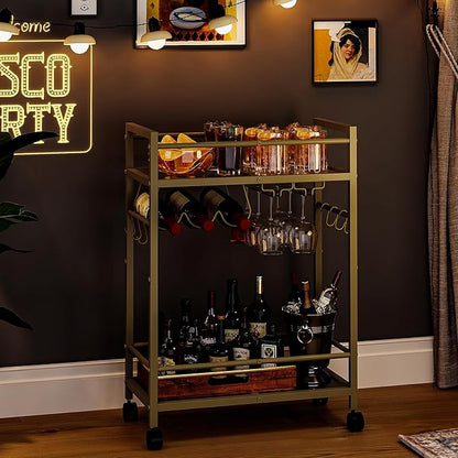 Home Bar Serving Cart, Bar Cart with 2 Mirrored Shelves, MicrowaveCart, Rolling Beverage Cart, Mobile KitchenCart with Wine Rack, Drink Cart for Dinning Room, Living Room, Kitchen, Gold