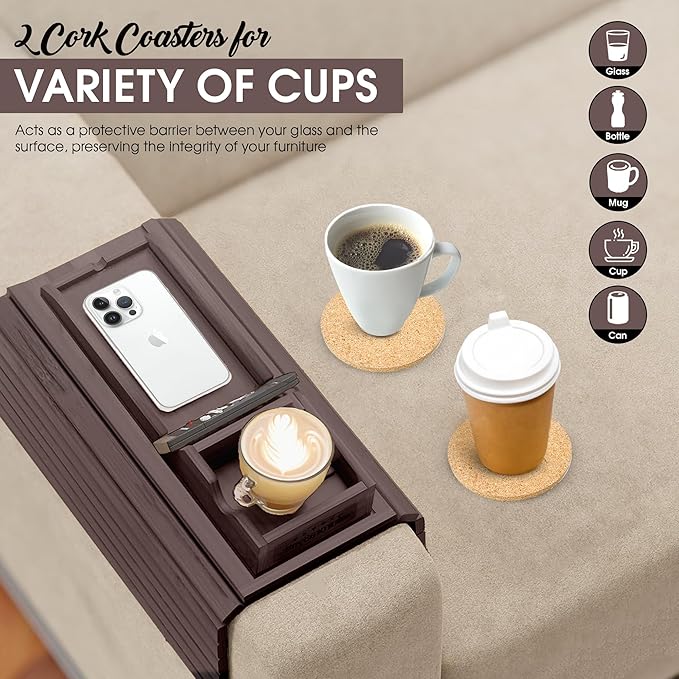 Couch Cup Holder Tray with 2 Cork Coasters, Couch Caddy, Anti-Slip Foldable Armrest Sofa Tray, Couch Armrest Table, Anti-Spill Holder for Remote, Snacks, Cellphone - Ideal Gift (Walnut)