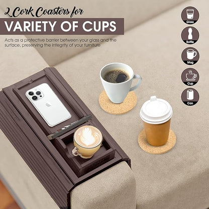 Couch Cup Holder Tray with 2 Cork Coasters, Couch Caddy, Anti-Slip Foldable Armrest Sofa Tray, Couch Armrest Table, Anti-Spill Holder for Remote, Snacks, Cellphone - Ideal Gift (Walnut)