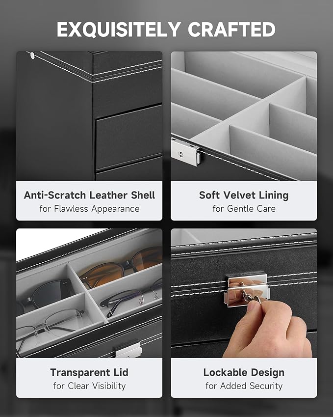 CO-Z Sunglasses Organizer, Leather Eyeglasses Storage Box for Women Men, Lockable Sunglass Display Case Holder with Drawer