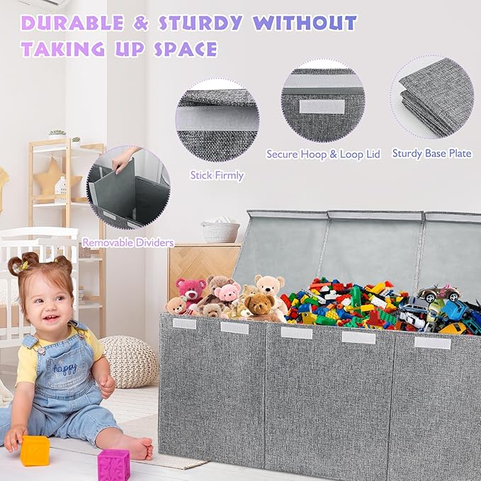 Extra Large Toy Storage Organizer with Lid, Large Toy Box Collapsible Toy Chest Storage Box Design - Toys Bin with Dividers for Kids, Nursery, Bedroom, Playroom-40 x16 x14''