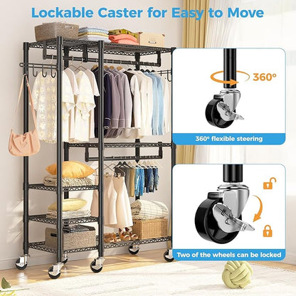 Rolling Heavy Duty Clothes Racks for Hanging Clothes, Portable Garment Clothing Rack with Shelves Double Rods and Side Hooks, Freestanding Wardrobe Closet Organizer Storage, 45"X17.1"X76.4"