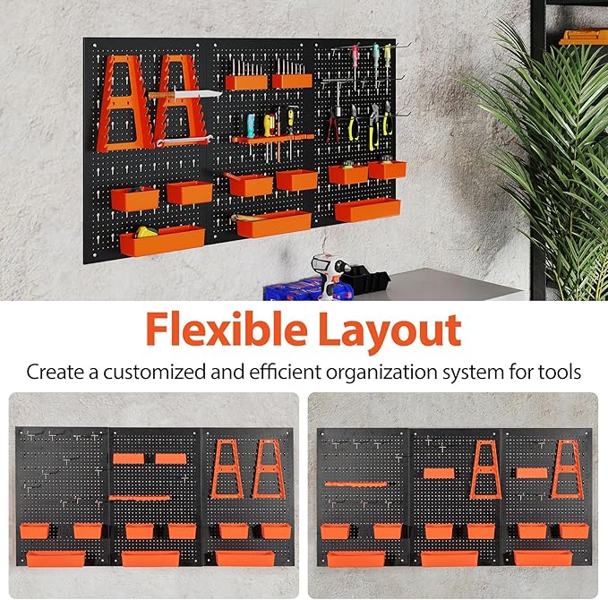 Tool Pegboard Organizer, 4 FT Metal Pegboard Wall with Hooks, Storage Bins & Tool Holders, Peg Board Kit Garage Storage System for Workbench Shed, Craft Room & Workshop (Black+Orange)