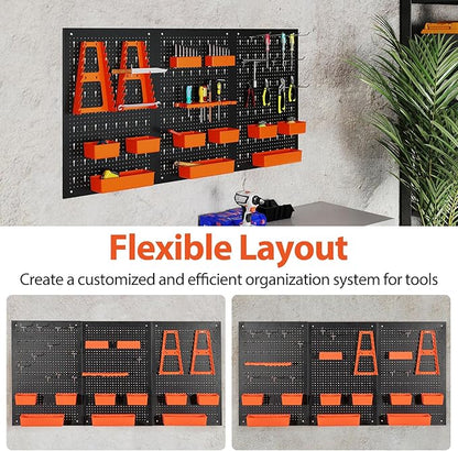 Tool Pegboard Organizer, 4 FT Metal Pegboard Wall with Hooks, Storage Bins & Tool Holders, Peg Board Kit Garage Storage System for Workbench Shed, Craft Room & Workshop (Black+Orange)