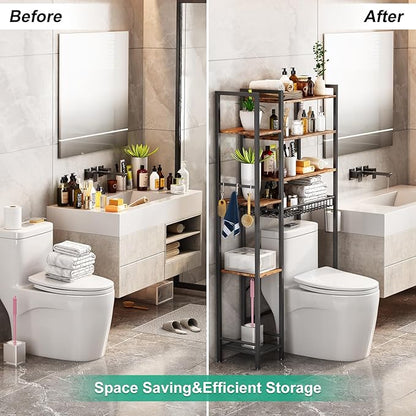 Kalrin 8-Tier Over The Toilet Storage with Side Rack, Over Toilet Storage Rack with Adjustable Shelf & Drain Basket, Freestanding Bathroom Organizer for Balcony, Laundry (Vintage Brown)