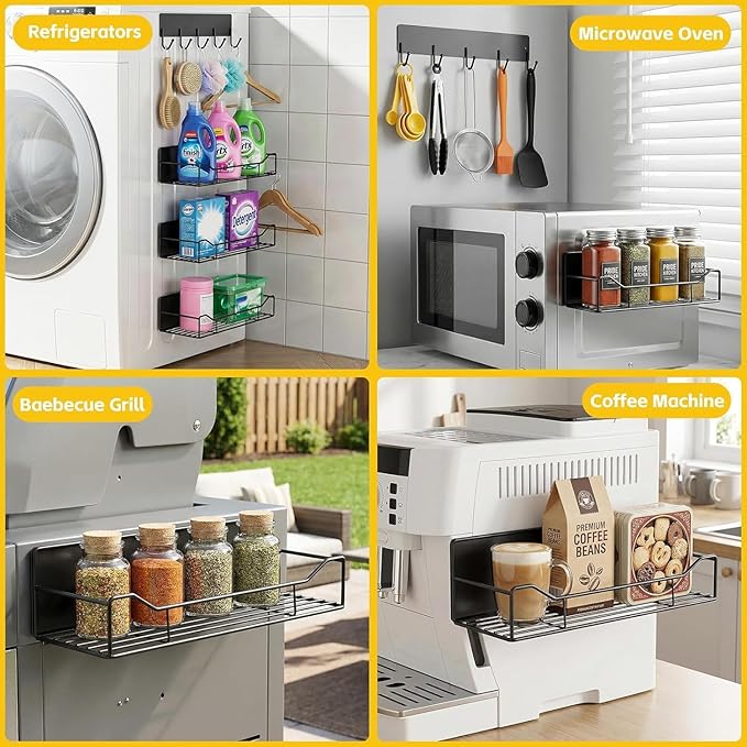 5 Pack Magnetic Shelves for Washing Machine & Refrigerator, Heavy-Duty Metal Magnetic Laundry Organizer with Hooks, Space-Saving Storage Baskets for Laundry Room, Kitchen & Closet (Black)