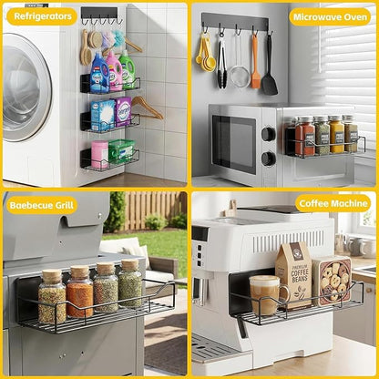 5 Pack Magnetic Shelves for Washing Machine & Refrigerator, Heavy-Duty Metal Magnetic Laundry Organizer with Hooks, Space-Saving Storage Baskets for Laundry Room, Kitchen & Closet (Black)